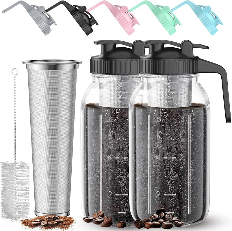 2 Pack 64 oz Thick Glass Cold Brew Coffee Makers with Handles, Stainle