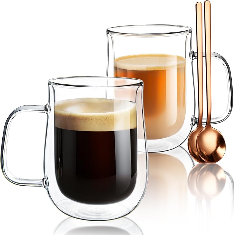 Double Walled Borosilicate Glass Coffee Mugs Set of 2, 16 oz Insulated