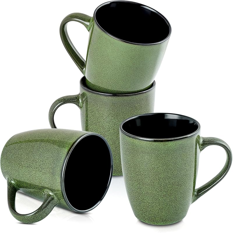 Set of 4 Green 12 oz Large Ceramic Coffee Mugs with Handles for Men Wo