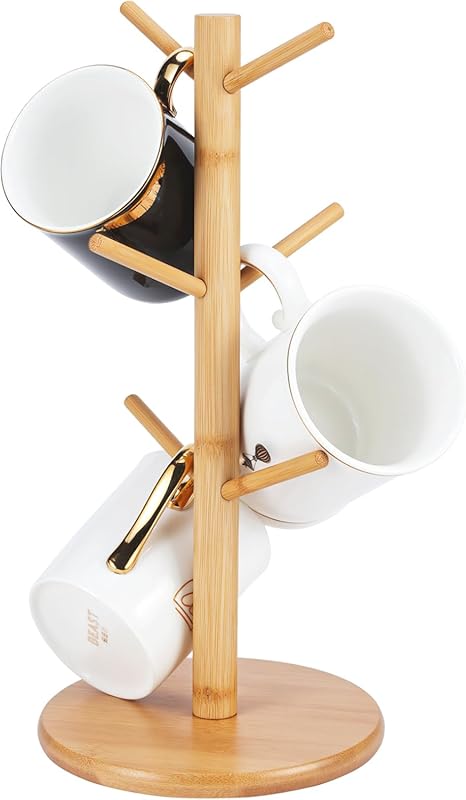 Bamboo Coffee Mug Holder Tree with 6 Hooks, Decorative Non-Slip Mug Ra