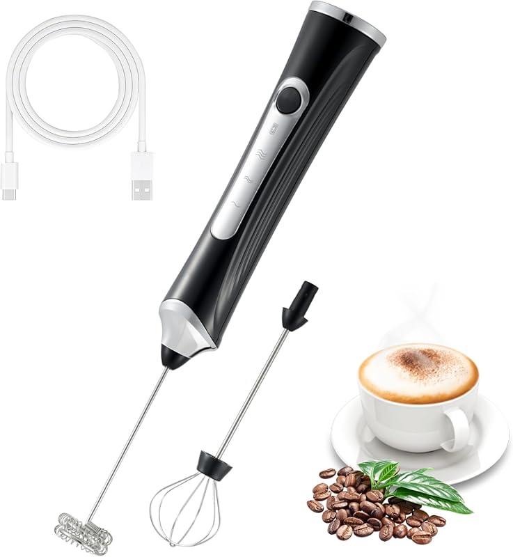 Handheld Electric Milk Frother with 2 Whisk Heads, USB Rechargeable 3-