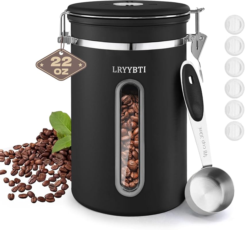 Stainless Steel Coffee Canister with Window, Scoop, Airtight Lid, and