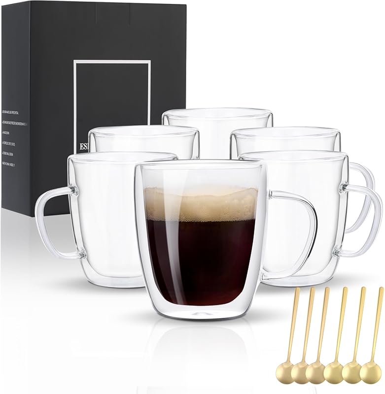 Glass Coffee Mugs Set of 6, 13.5 oz Double Wall Insulated Cups with Ha