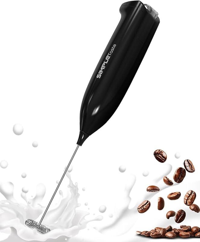 SIMPLETaste Black Handheld Milk Frother with Stainless Steel Whisk, Ba