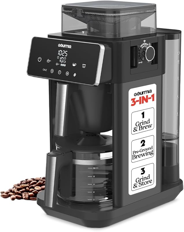 Gourmia 10-Cup Grind & Brew Coffee Maker with Built-In Burr Grinder, 3