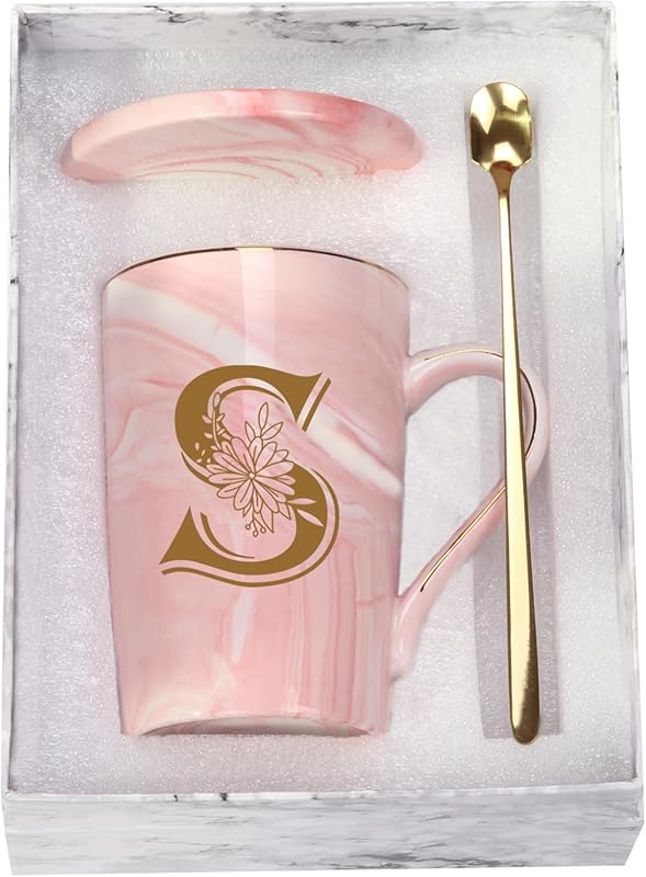 Letter S Personalized Initial Coffee Mug with Floral Design, 14oz Pink