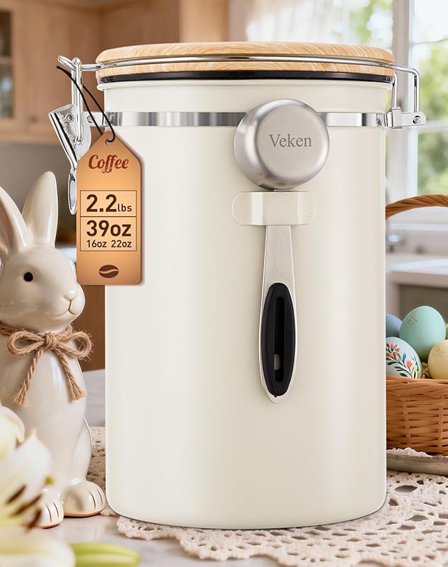 Veken 39OZ Large Cream Airtight Stainless Steel Coffee Canister with D