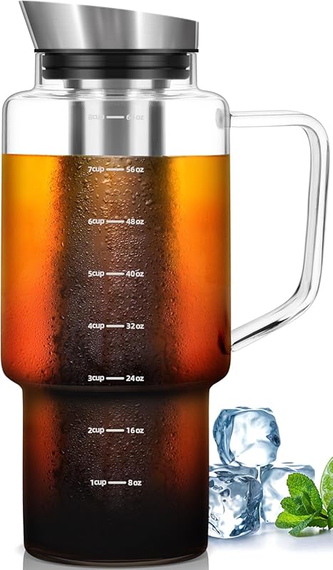 Aquach 68oz Glass Cold Brew Coffee and Tea Maker with Stainless Steel 