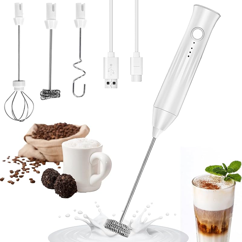Rechargeable 3-in-1 Milk Frother Wand with 3 Speeds, USB-C Charging, 3