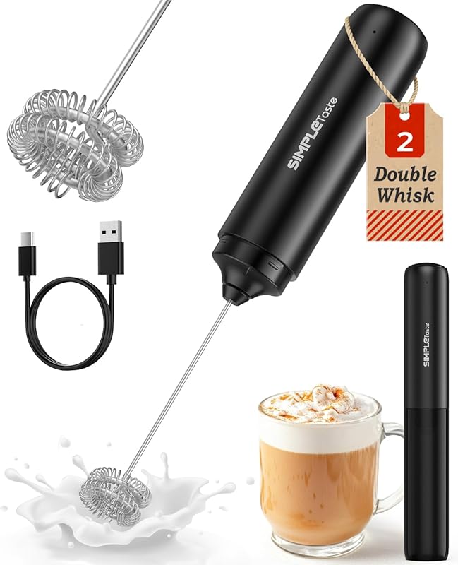 SIMPLETaste Rechargeable Milk Frother Wand with Dual Coil Stainless St