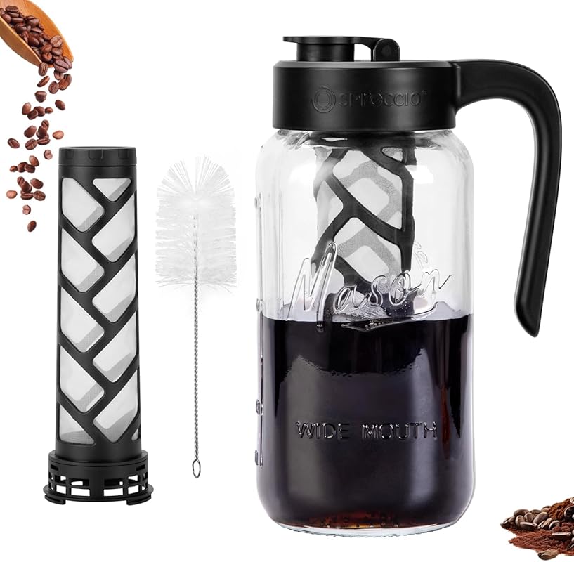 64 oz Glass Cold Brew Coffee Maker Mason Jar with Airtight Lid and Lea