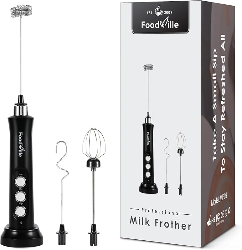 MF09 3-in-1 Rechargeable Milk Frother with Charging Stand and 3 Stainl