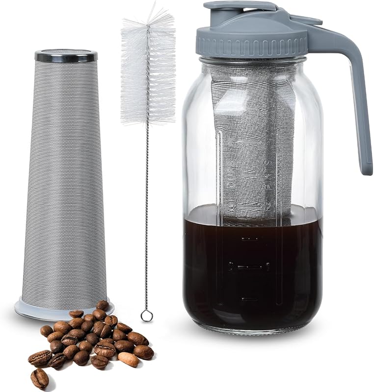 64oz Cold Brew Coffee Maker Pitcher with Wide Mouth Glass Mason Jar, S