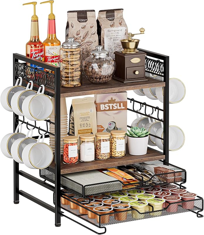 4 Tier Coffee Bar Organizer with 30 K Cup Drawer and 12 Hook Mug Holde