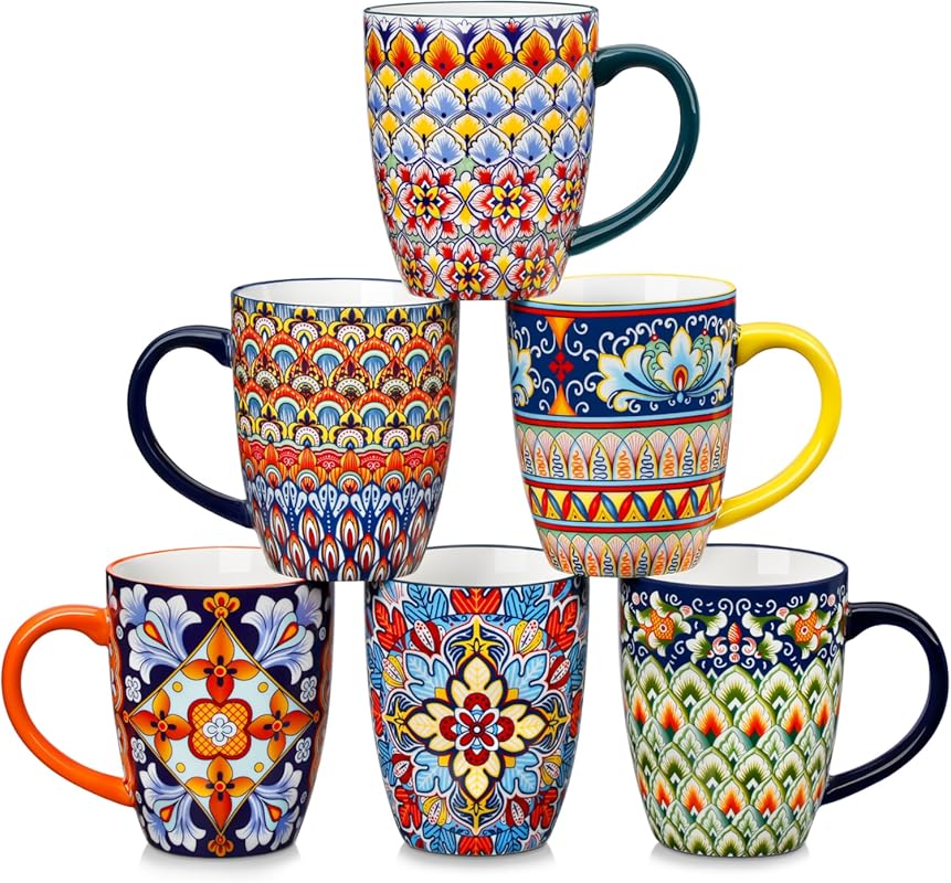 vancasso 16oz Large Ceramic Coffee Mugs Set of 6 with Handles, Boho St