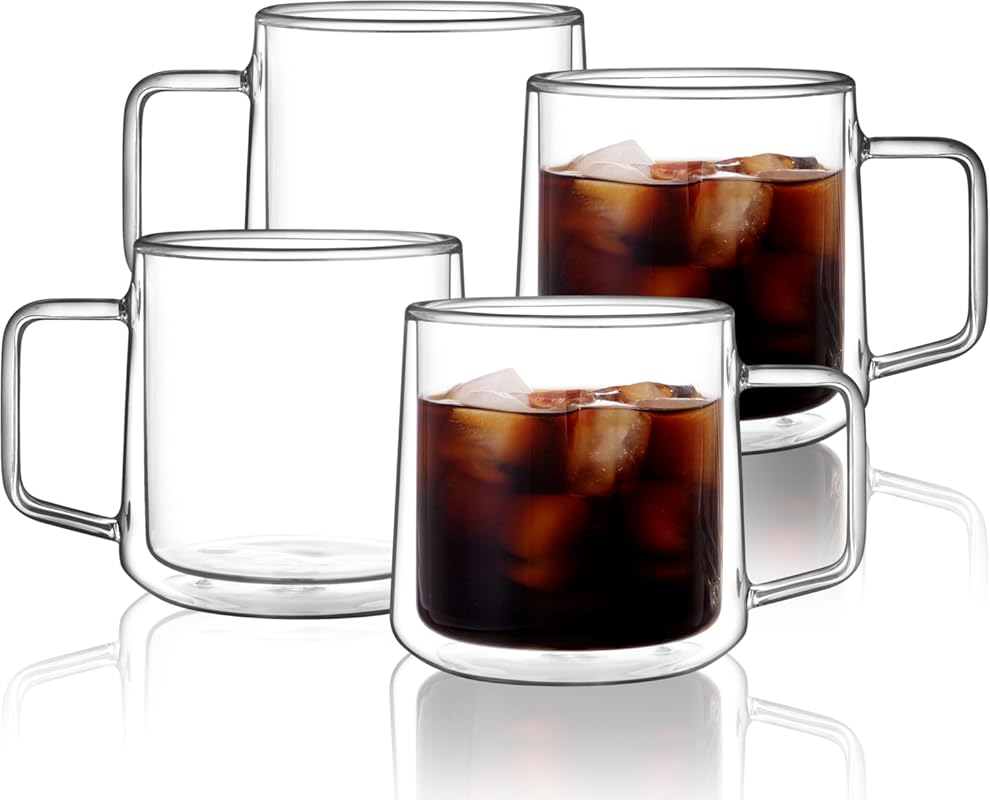 CNGLASS Set of 4 Double Walled 15oz Insulated Glass Coffee Mugs with H