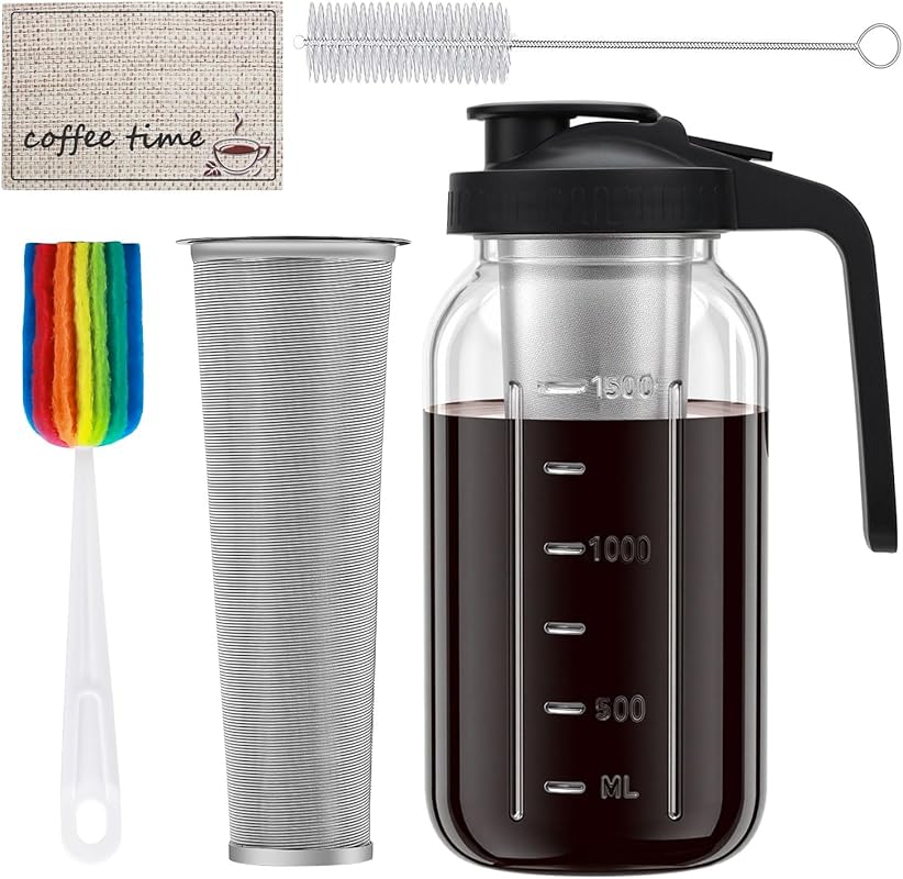 64oz Cold Brew Coffee Maker Mason Jar with Stainless Steel Filter, Cof