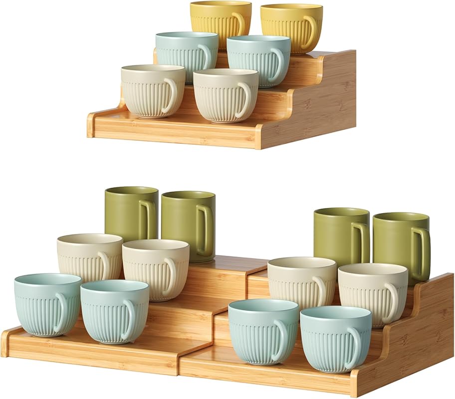 3-Tier Expandable Bamboo Mug Holder for Countertop Coffee Cup Display 