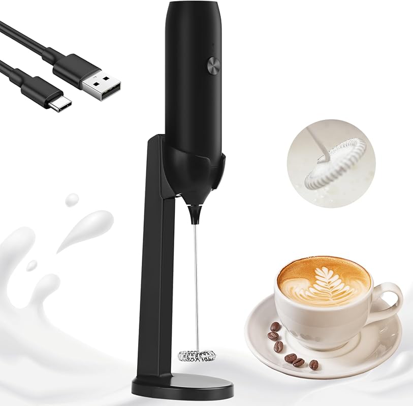 Rechargeable USB Type-C Milk Frother with Stand, Powerful Mini Electri