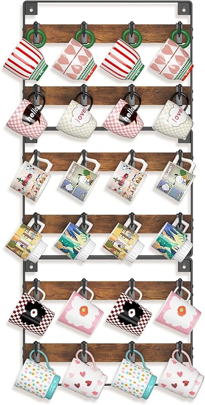 EsLuker.ly Wall Mounted Wooden Mug Holder Rack with 24 Movable Hooks, 