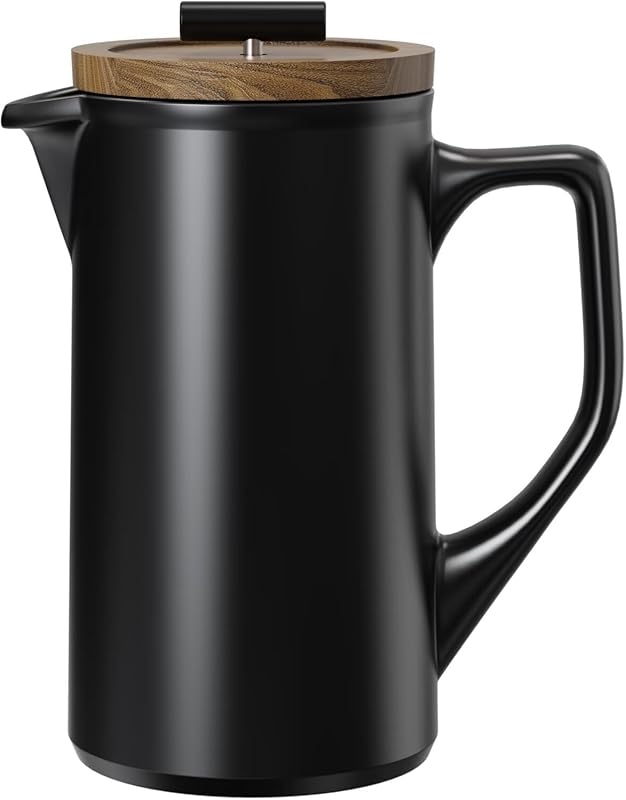 DHPO 22oz Ceramic French Press with Walnut Wood Lid, Lead-Free Stainle