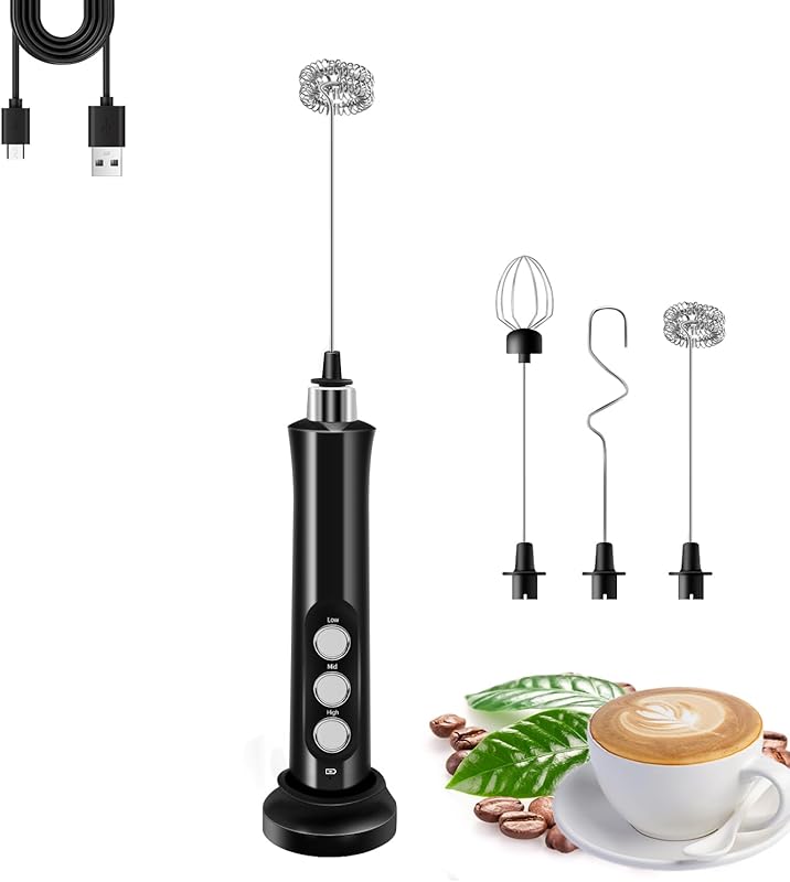 Rechargeable Handheld Milk Frother with 3 Detachable Stainless Steel W