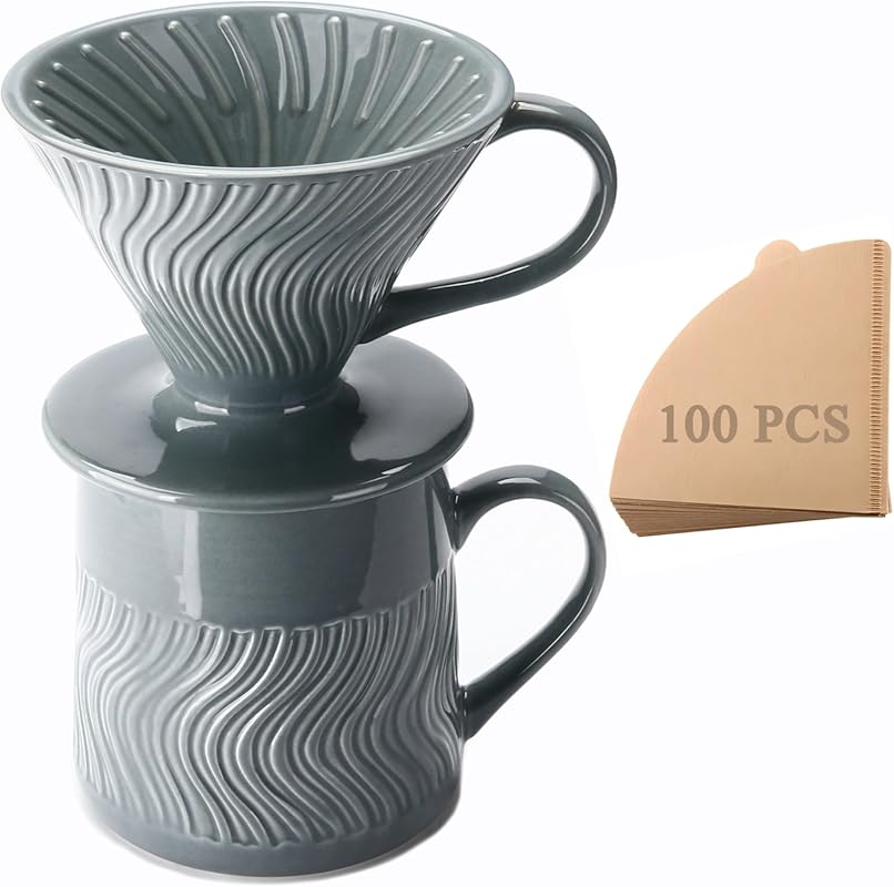 Pour Over Coffee Maker Set with 100 V60 Paper Filters, 15 oz Ceramic M