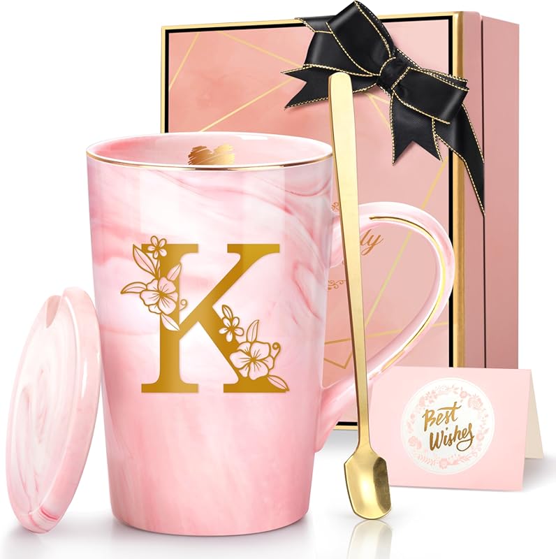 Personalized Pink 14oz Marble Ceramic Coffee Mug with Initials - Luxur
