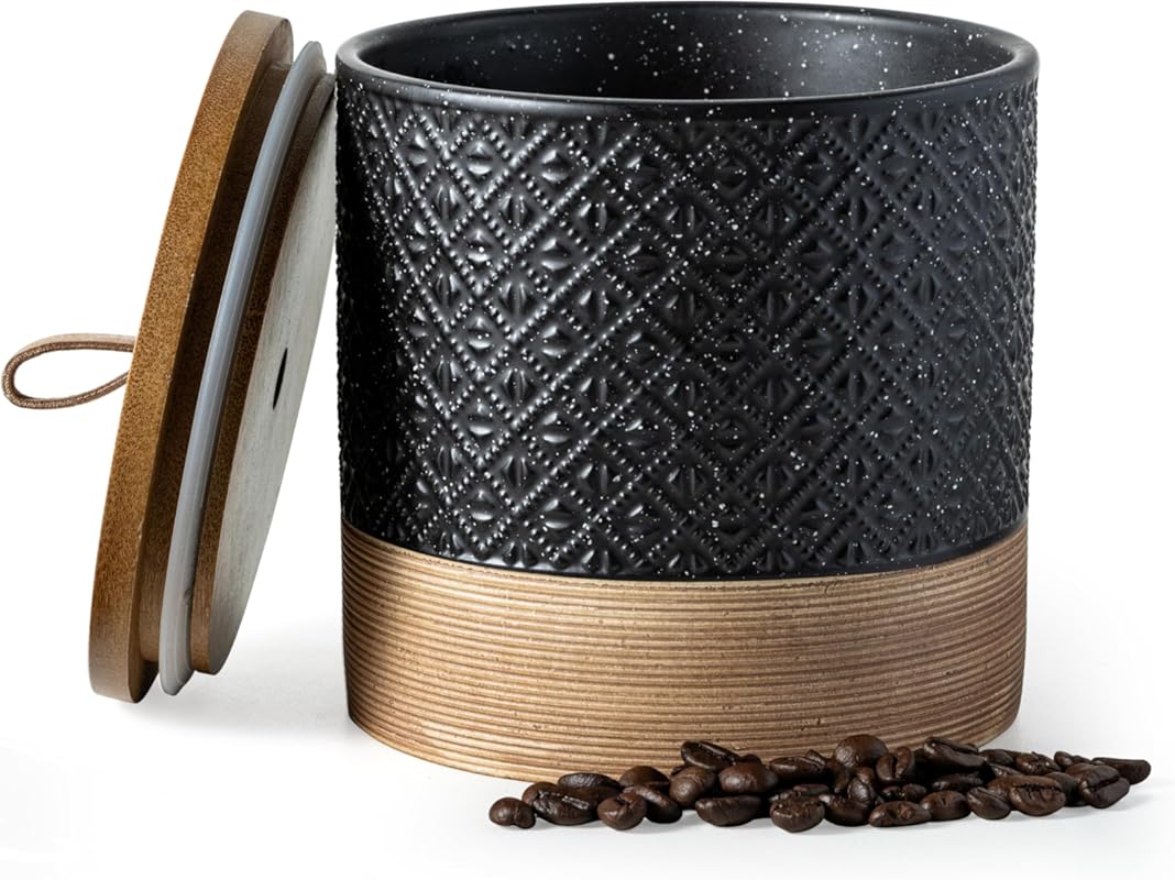 Black 42 fl.oz Ceramic Coffee Storage Container with Airtight Lid, Dec