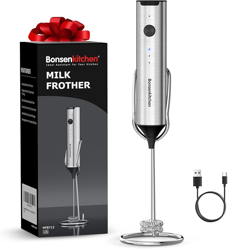 Bonsenkitchen Rechargeable Milk Frother with Stand, 3-Speed Handheld D