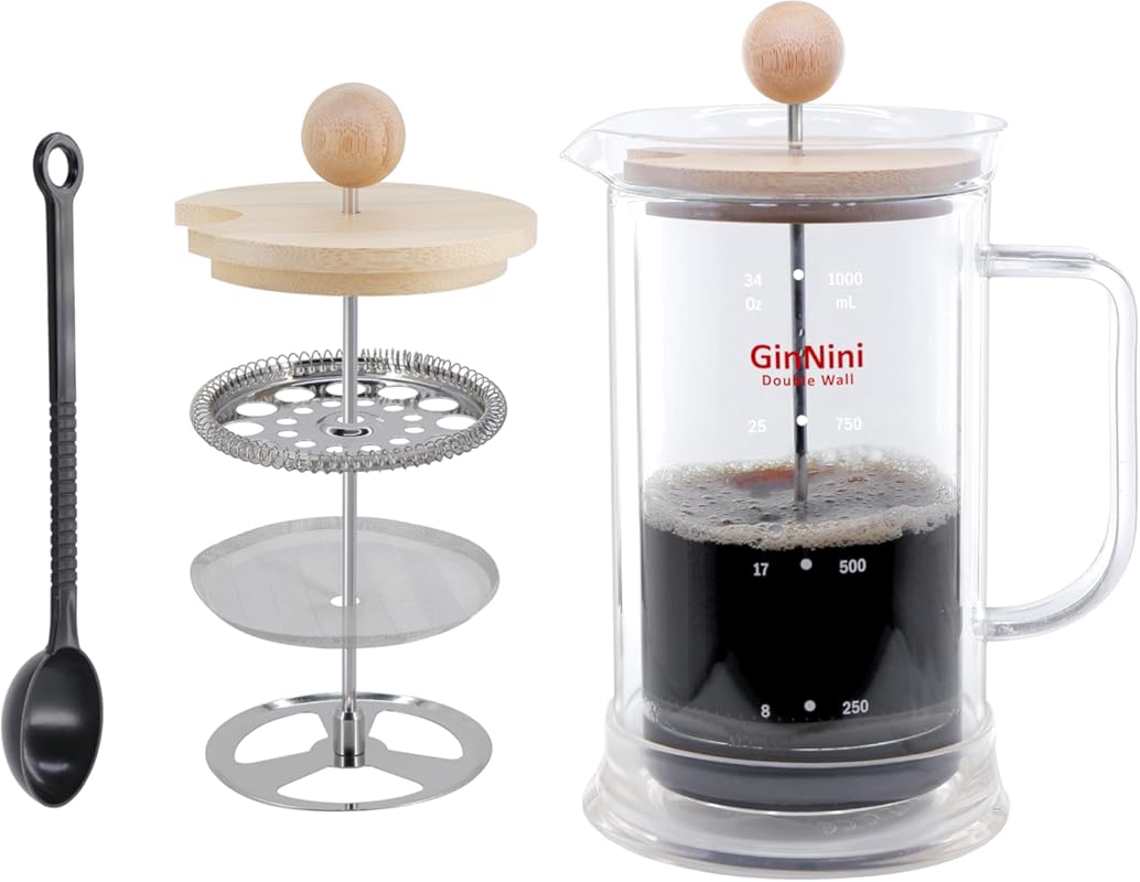 34oz Plastic-Free French Press Coffee Maker with Double Wall Glass, Ba