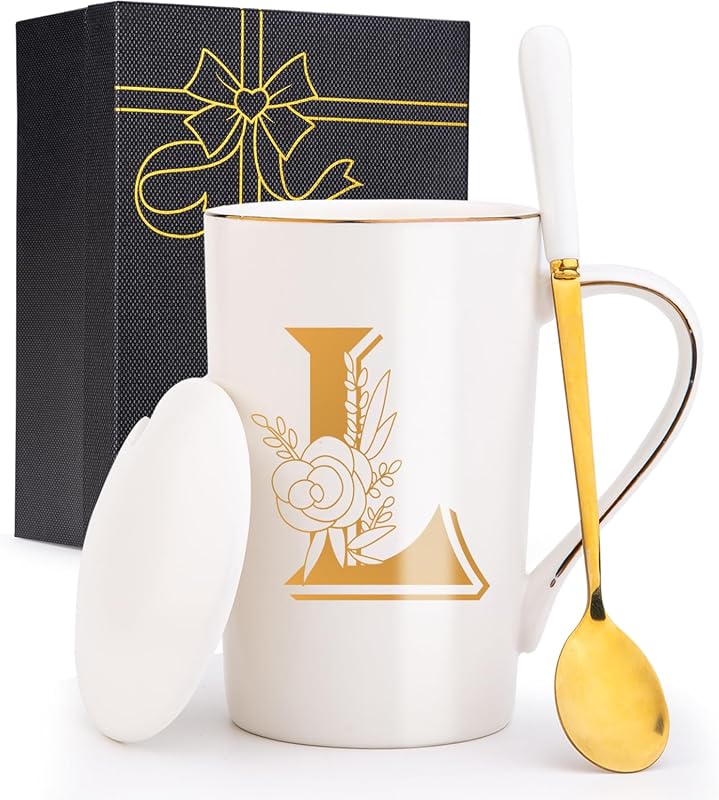 Letter L Personalized Initial Coffee Mug with Floral Design, 14oz Matt