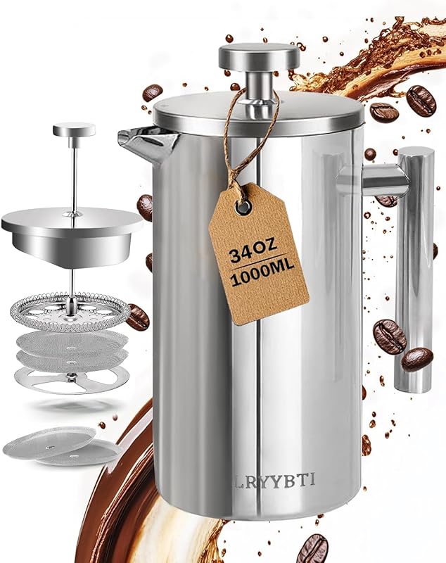 Stainless Steel French Press Coffee Maker 34oz with Scale Lines and 2