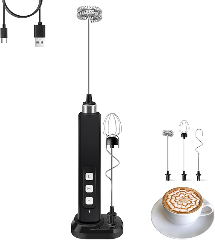 Rechargeable Handheld Milk Frother with 3 Detachable Stainless Whisks