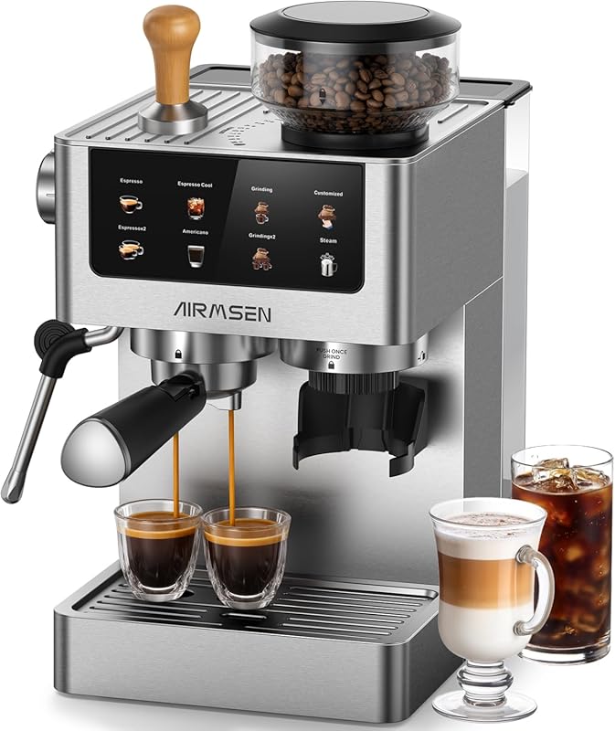 AIRMSEN Espresso Machine with 20 Bar Pressure, Burr Grinder, Milk Frot