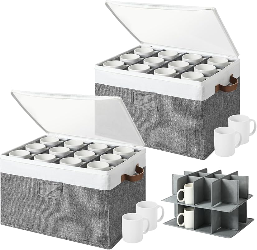 2 Pack Quilted Mug Storage Boxes with Dividers, Zipper Lid, Handles, S