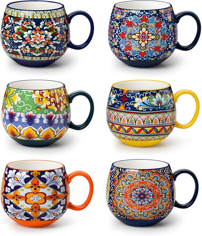 vancasso Coffee Mugs Set of 6, 16oz Colorful Porcelain Cups for Cappuc