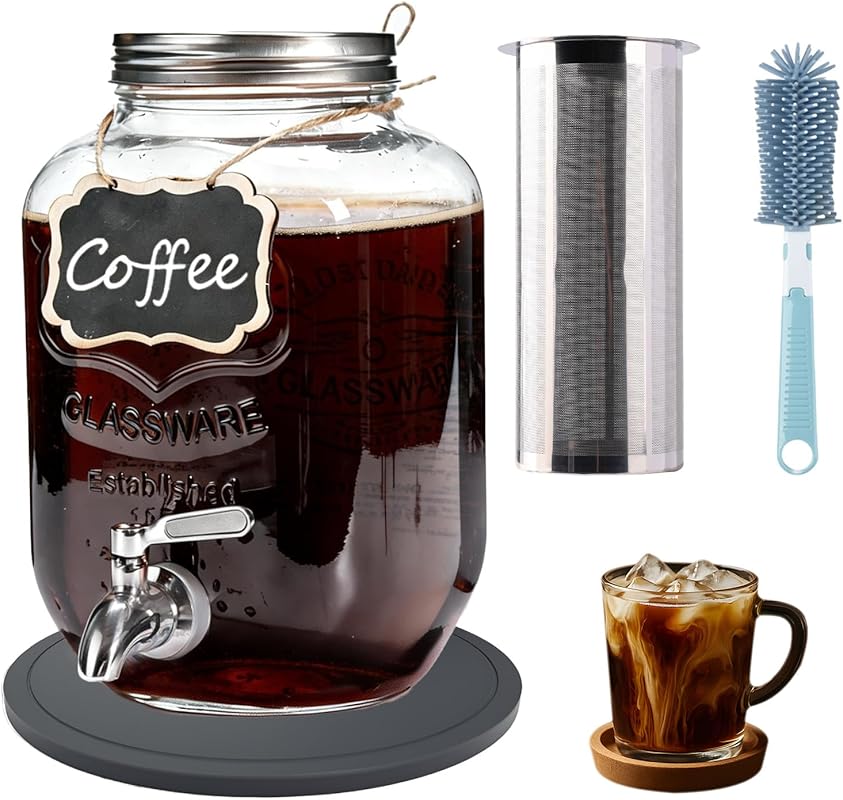 Cold Brew Coffee Maker with Silicone Mat, 1 Gallon Glass Pitcher, Stai