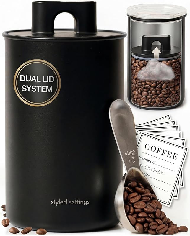 Matte Black Airtight Vacuum Coffee Storage Container with Scoop, Label