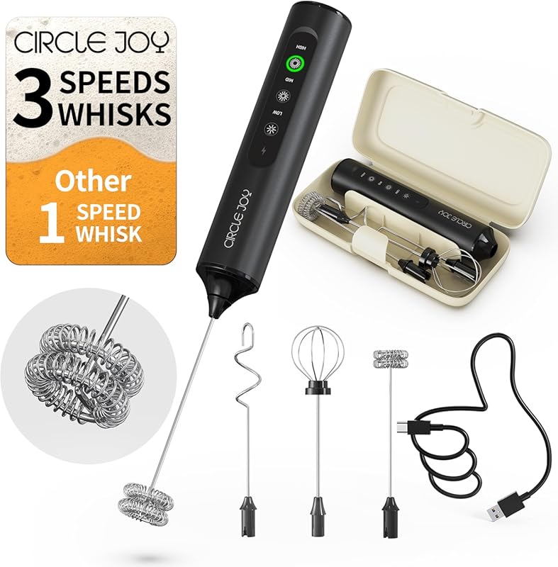 CIRCLE JOY Rechargeable Handheld Milk Frother Wand with 3 Speeds, 3 Wh