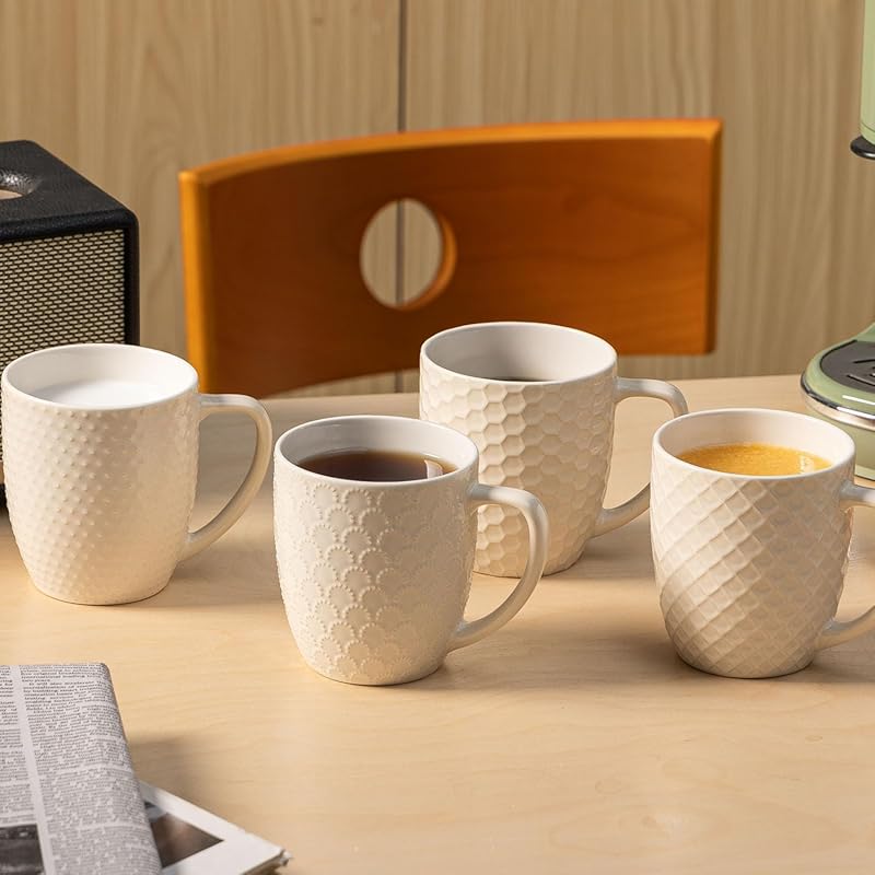 Set of 4 Porcelain 16oz Coffee Mugs with Handles, Farmhouse Style Cera
