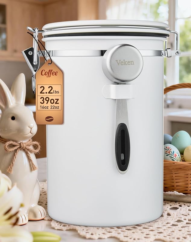 Veken 39oz White Airtight Stainless Steel Coffee Canister with Date Tr