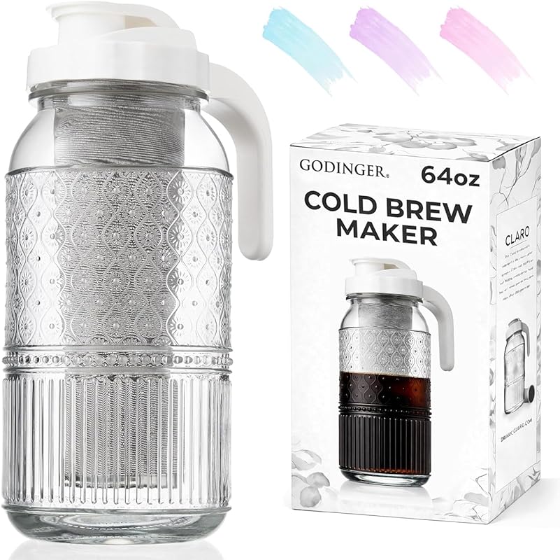 Godinger Cold Brew Coffee Maker 64 oz Airtight Glass Mason Jar Pitcher