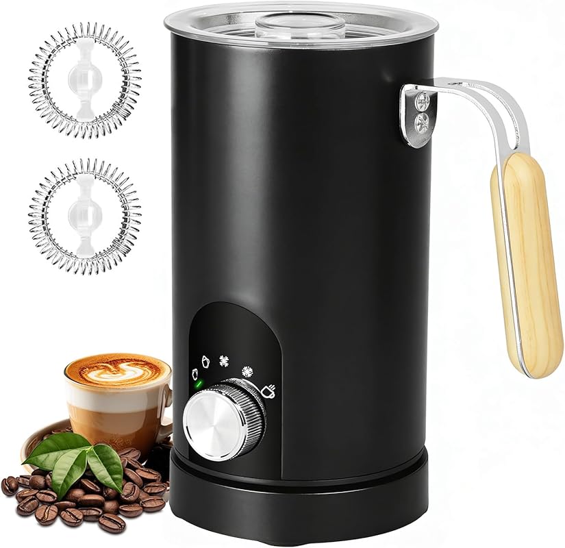 5-in-1 Electric Milk Frother and Steamer with Wood Grain Handle, 11.8o