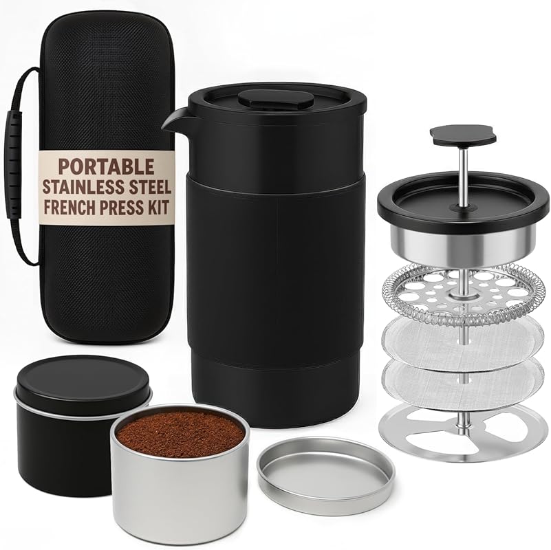 Travel French Press Coffee Maker Set 12oz Double Wall Insulated with D