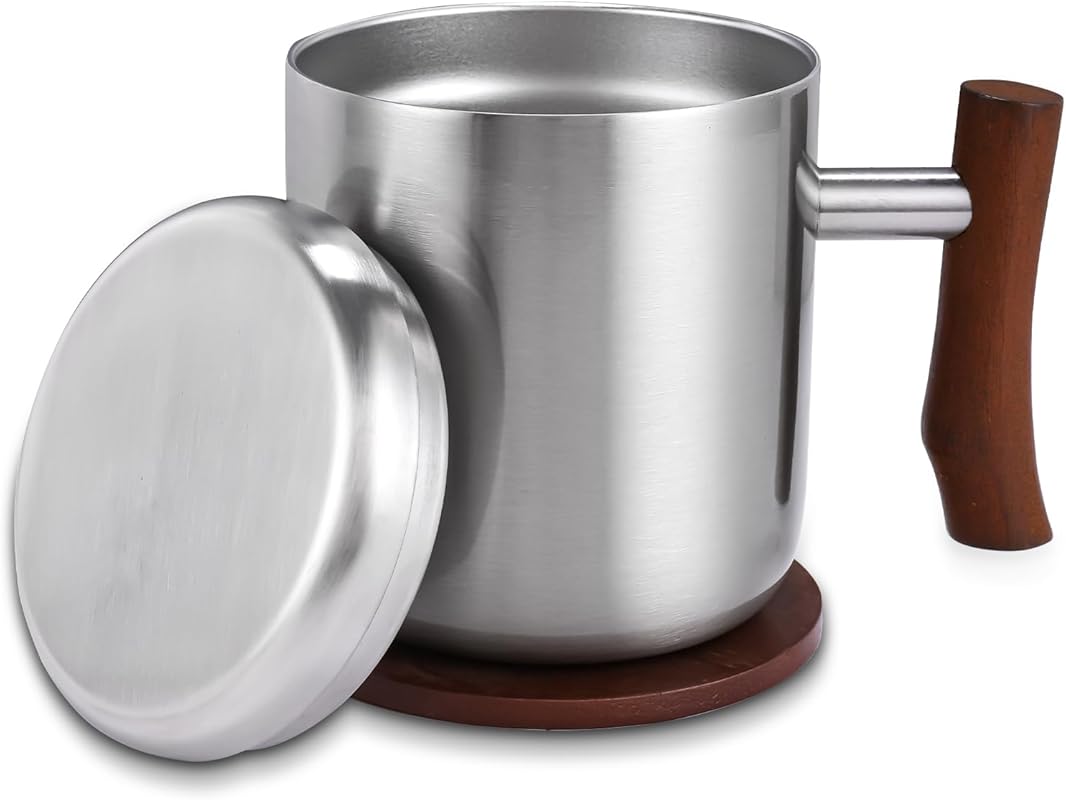 Stainless Steel Insulated 14oz Coffee Mug with Wooden Handle & Coaster